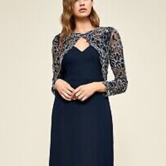 Tadashi Shoji Darya embroidered crepe gown in navy/gold size 4. - Picture 3 of 4